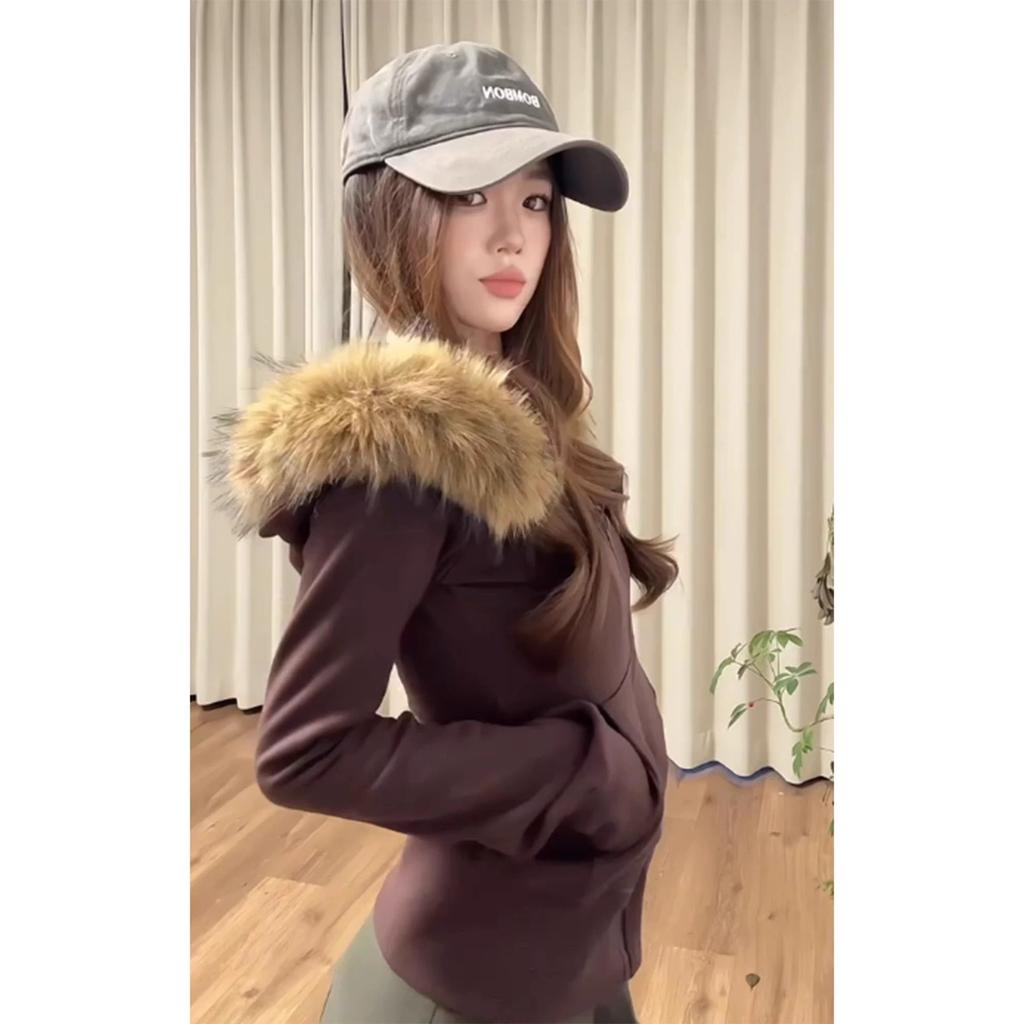 Women's Long Sleeve Hoodie Zip Up Faux Fur Collar Sweatshirt Slim Fit Casual Jacket