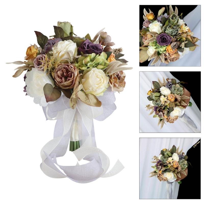 Artificial Flower Wedding Bouquet for Bride Bridesmaid Elegant Silk Flower Champagne Bridal Bouquet for Formal Occasion
