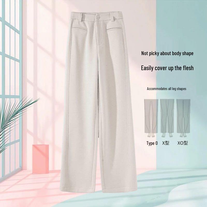 Women's High-Waist Gray Woolen Wide-Leg Pants - Fleece-Lined for Autumn/Winter, Thickened Drape, Narrow Straight-Leg Design