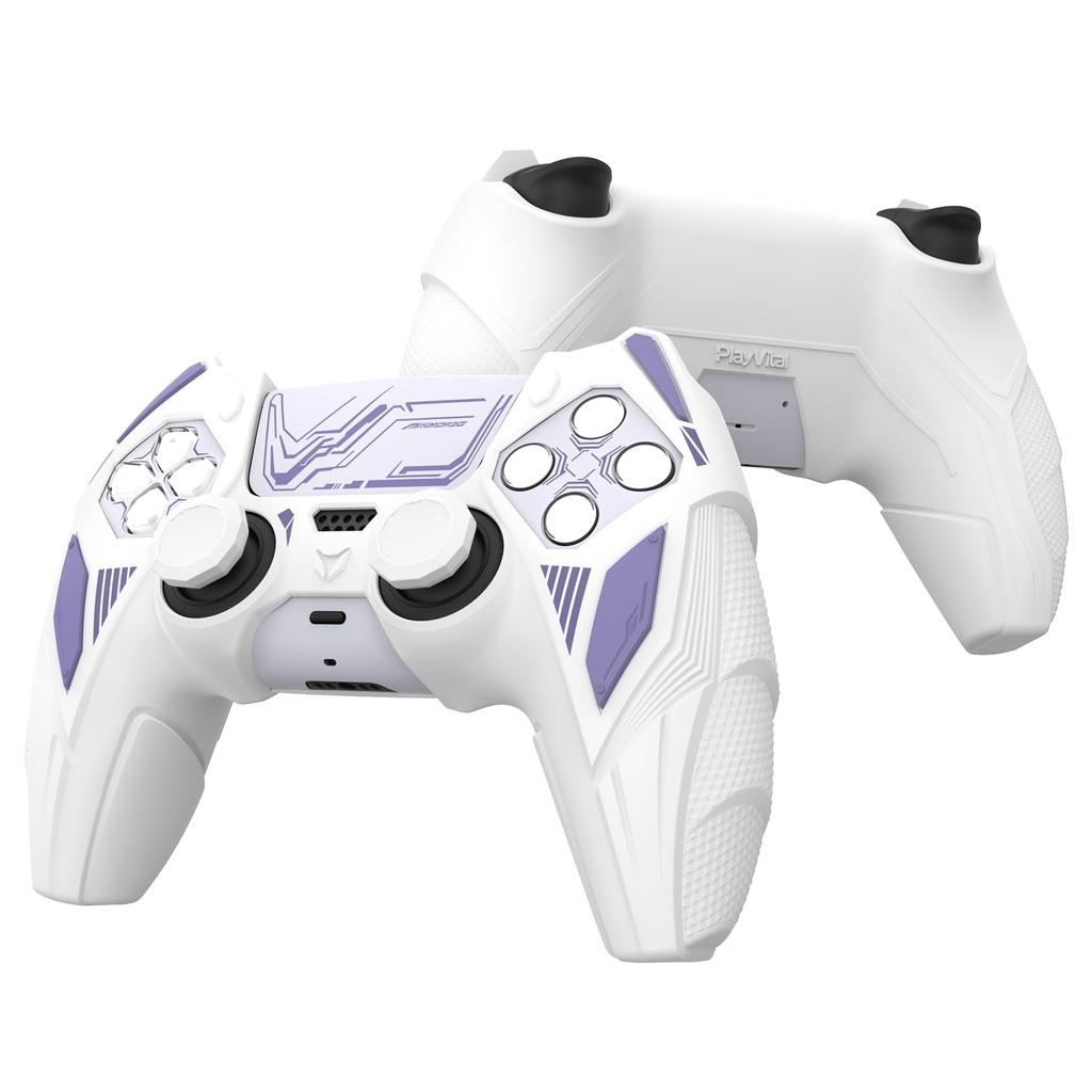 PlayVital PS5 Controller Silicone Mecha Rhino Shockproof Protective Easy Includes Thumb Grips and Compatible with Charging White and Light Purple