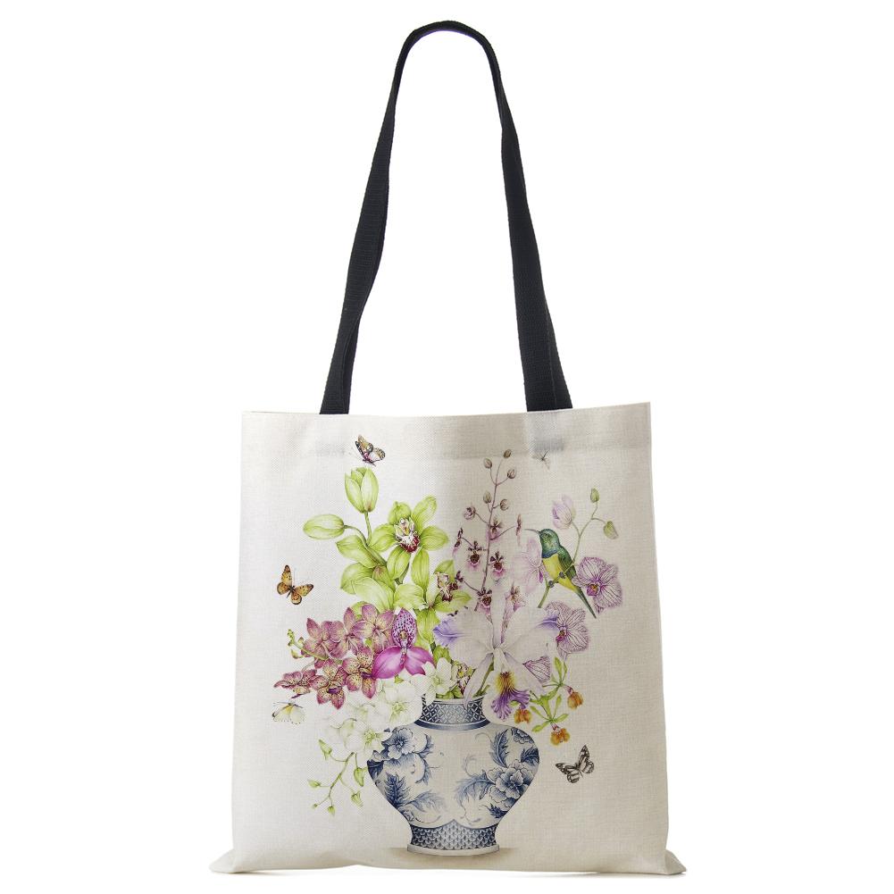 Plant Flowers Shopping Tote Bag Women Canvas Print Shoulder Bag Reusable Harajuku Large Capacity Travel School Handbag CLE