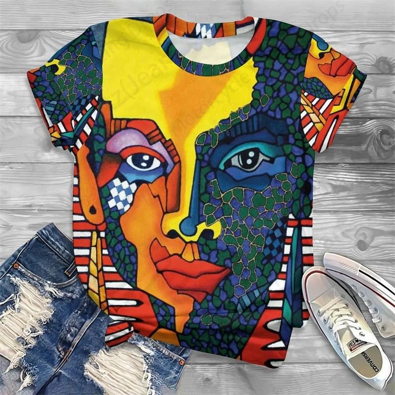 Summer Round Neck 3D African Art Print Top Fashionable Casual Short Sleeved Women's T-shirts