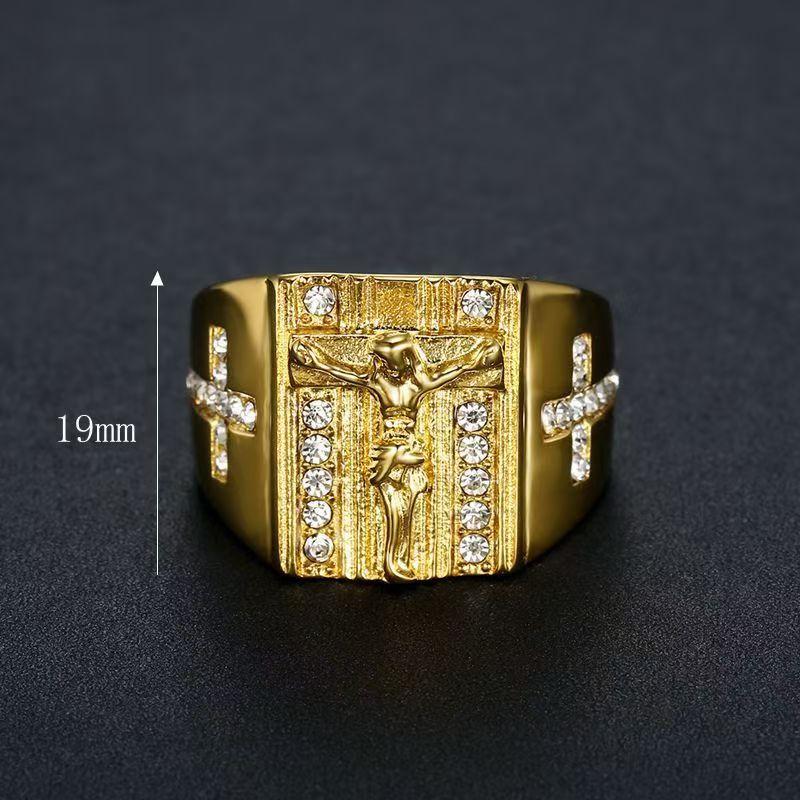 Cool Mens Stainless Steel Gold Plated CZ Jesus Cross Crucifix Ring Size 7 8-15