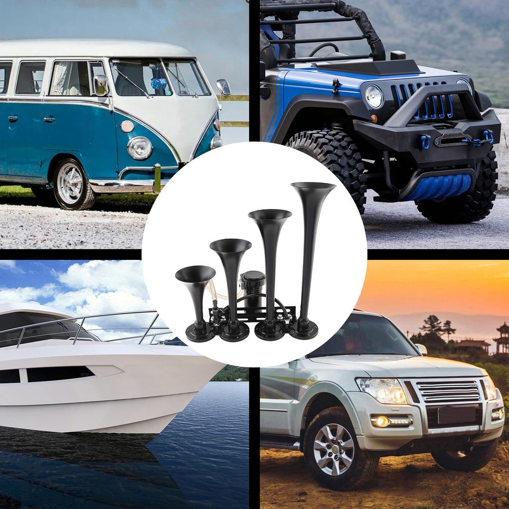 12V 185dB Super Lautes Vier-Trompeten Musikalisches Lufthorn mit Kompressor Schalterknopf Schwarz für Autos LKWs Boote Motorräder