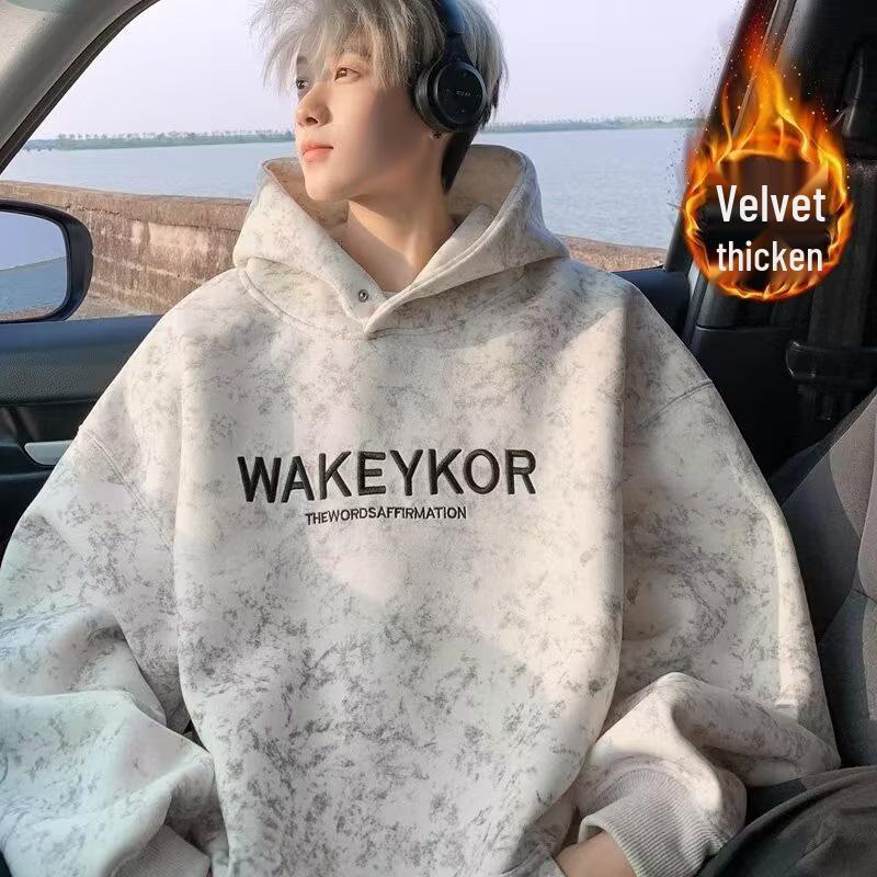 

Men s Tie-Dye Embroidered Velvet Hooded Sweatshirt - Warm & Trendy for Autumn/Winter Medium абрикосовий