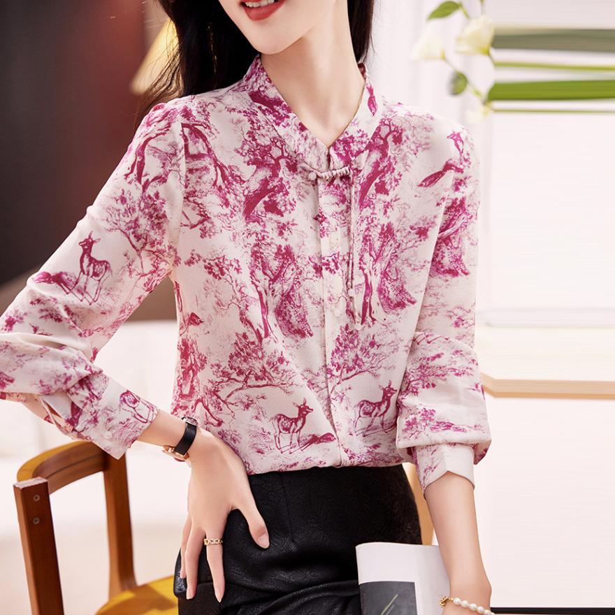 

Женская блузка из двойного крепа с принтом, с длинными рукавами, новый темперамент, трендовая, из шелка тутового дерева, ретро топ на пуговицах 3XL