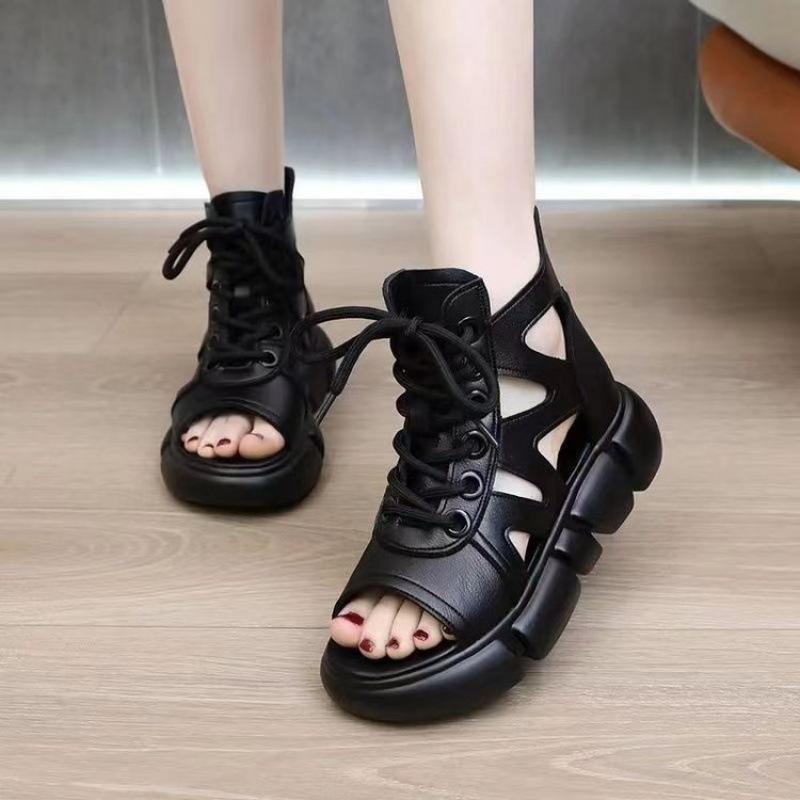 High-top Cool Boots Women's Hollow Breathable 2025 New Summer Thick-soled Non-slip Fish Mouth Boots Bag and Retro Roman Sandals