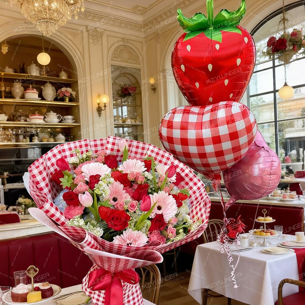 Strawberry Love Balloon Set Fruit Strawberry Shaped Balloon and Red Grid Love Balloon for Wedding Shower, Birthday Photo Props