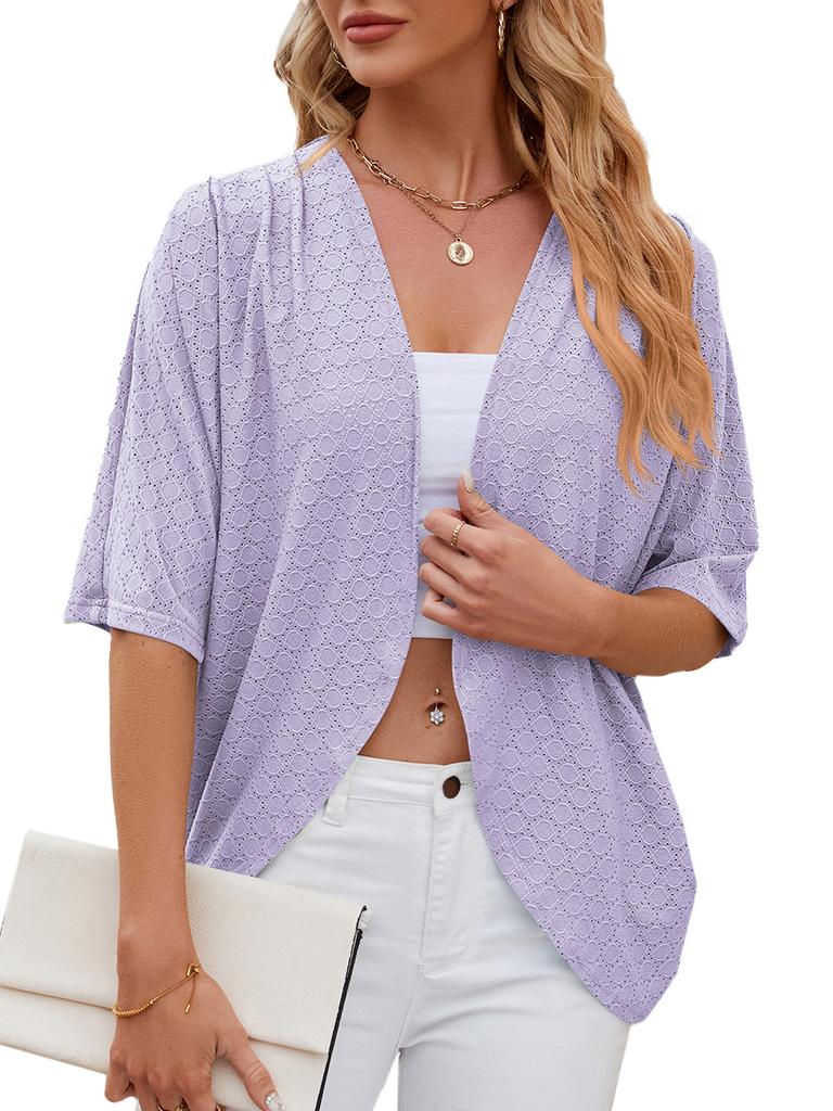 Women's Open Front Three Quarter Sleeve Cardigan Loose Fit Solid Knit Shrug Elegant Casual Hollow Out Kimono Cover Up For Spring Daily Outfit