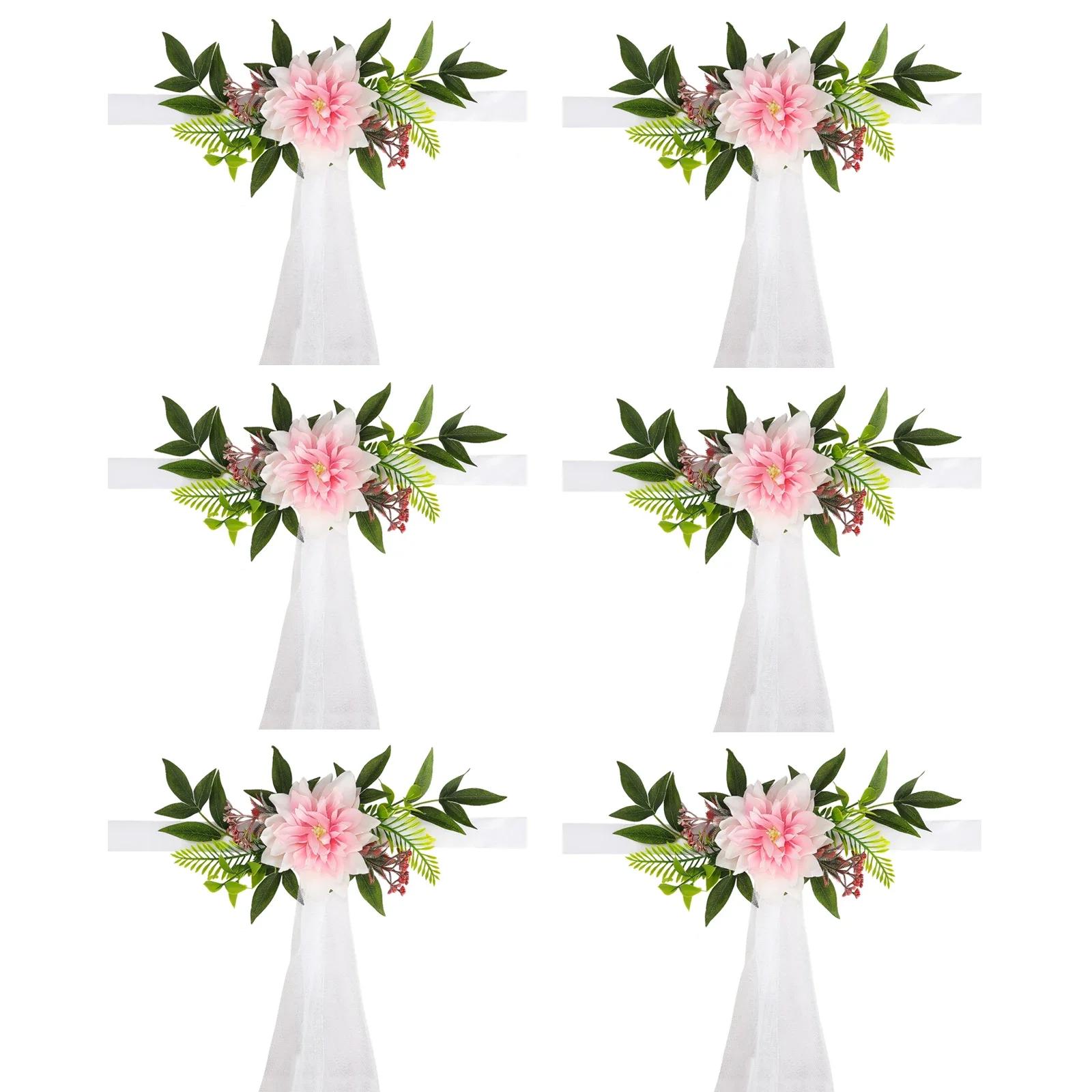 

Fake Bouquet Simulation Flower 6pcs Artificial Chair Back Flowers With Leaves Multipurpose Wedding Banquet Decoration розовый