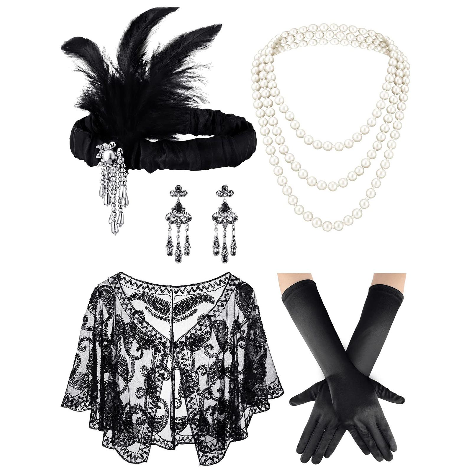 

Vintage 1920s Flapper Teaparty Women Costume Accessories Gloves Necklace Headband Cigarettes Holder for Cocktail Party C