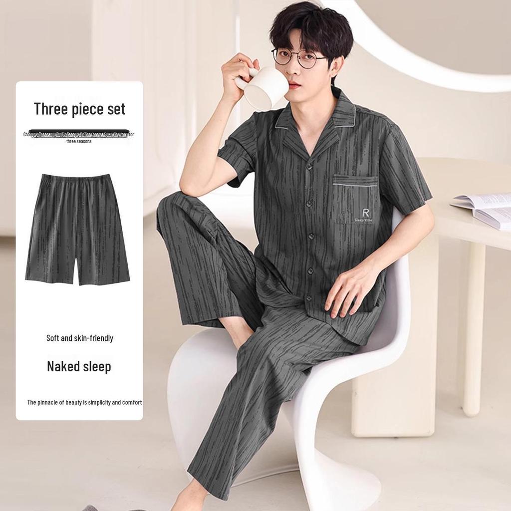 Men's Summer Short Sleeve & Long Pants 3-Piece Plus Size Set - Lightweight Cool Home Wear