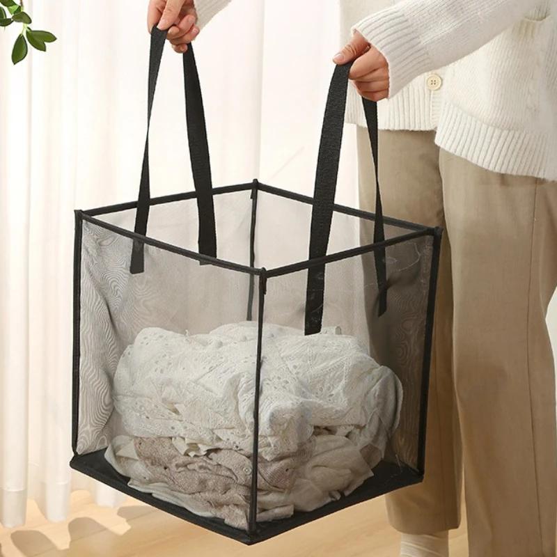 Foldable Portable Laundry Hamper-Large Square Mesh Dirty Clothes Basket with Handles, Collapsible for Bathroom, Bedroom Storage