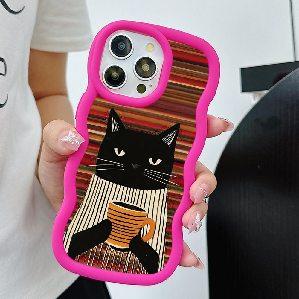Cute Coffee Cat Wavy Edge TPU Mobile Phone Case for iPhone 17 16 15 14 13 12 11 Air Pro Max Plus Colorful Cover