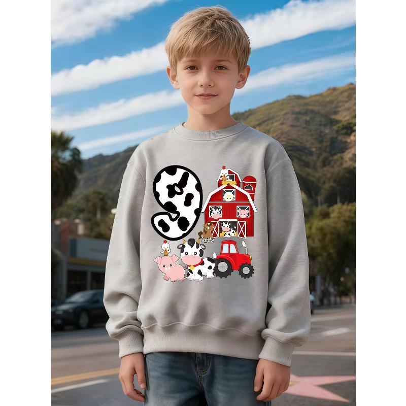 Taglie Europee Felpa Girocollo per Bambini con Stampa Carina di Animali della Fattoria e Trattore, Top Grafico Casual alla Moda