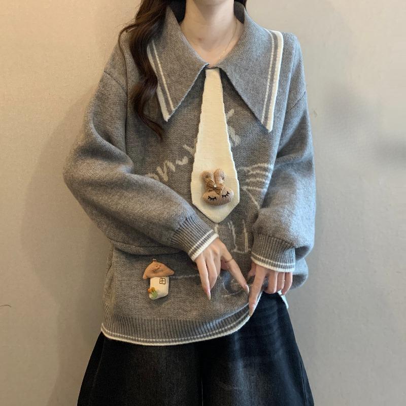 Maglione Scollo a Polo Stile College Ricamo Coniglio Donna Vestibilità Larga Maglieria Autunno