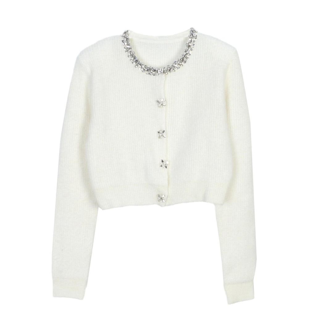 Elegant Diamond-Embellished Knitted Cardigan for a Chic Autumn/Winter Look