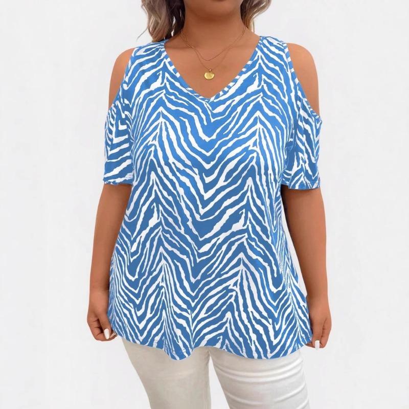 Summer New Women's Zebra Pattern V-neck Short-sleeved Casual Off-shoulder Top
