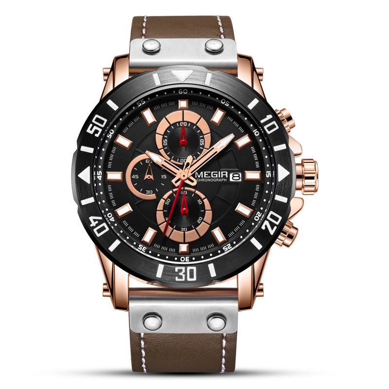 Watch Men'S Fashion Sports Three-Eye Timing Leather Versatile Men'S Quartz Watch 2081