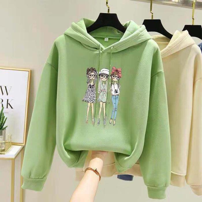 Korean Style Women's Fleece-Lined Hooded Sweatshirt, Plus Size, Loose Fit, Long-Sleeved, for Autumn and Winter.