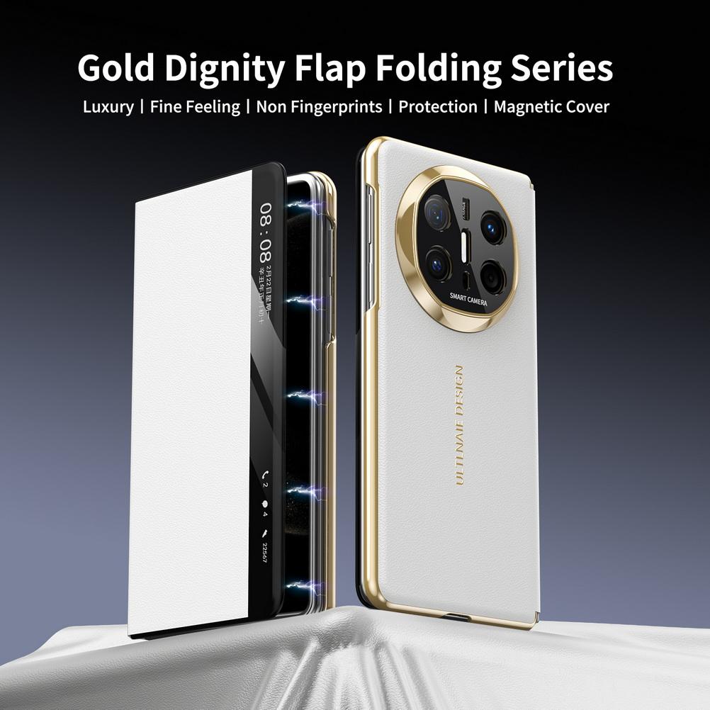 Business Retro Smart Leather Galvanized Gold-toned Case For Huawei Mate X6 X5 X3 Shockproof Built-in Magnetic Lens Protect Cover