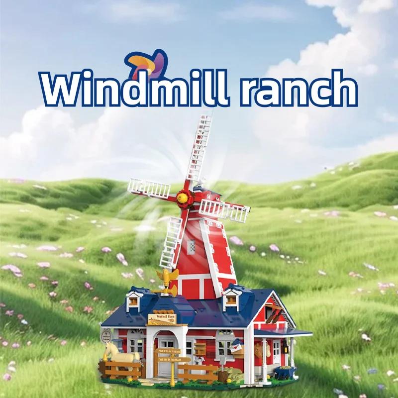 Non-Toxic 1810Pcs Windmill Farm Building Blocks Garage Stable Hut Model Bricks Set With Usb Light Kids Educational Diy Toys Holiday Gifts