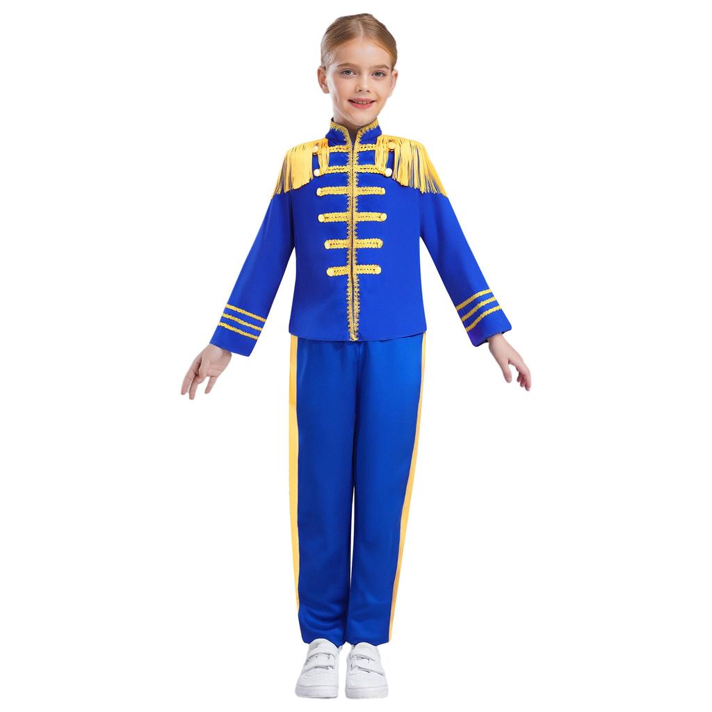 Kids 1960s British Star Costume Long Sleeve Gold Lace Decoration Fringe Rock Band Musician Shirt Pants Set