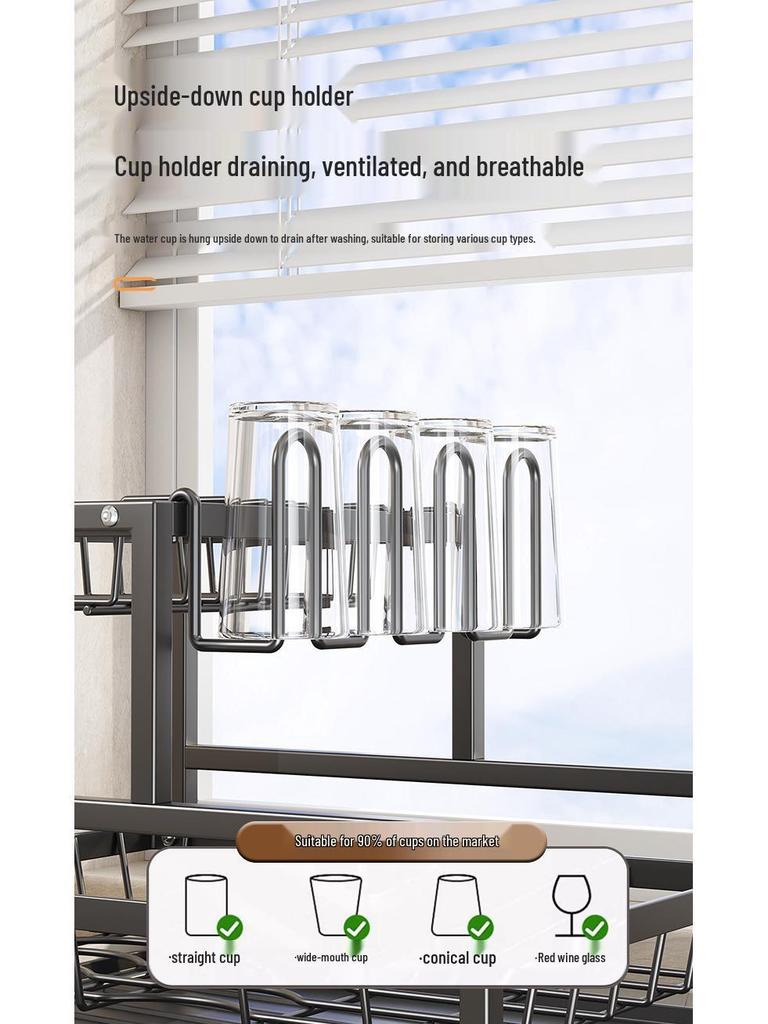 Countertop Kitchen Storage Rack: Holds Bowls, Plates, Chopsticks, Cutting Board & Cups, Includes Drainer, No Installation Required