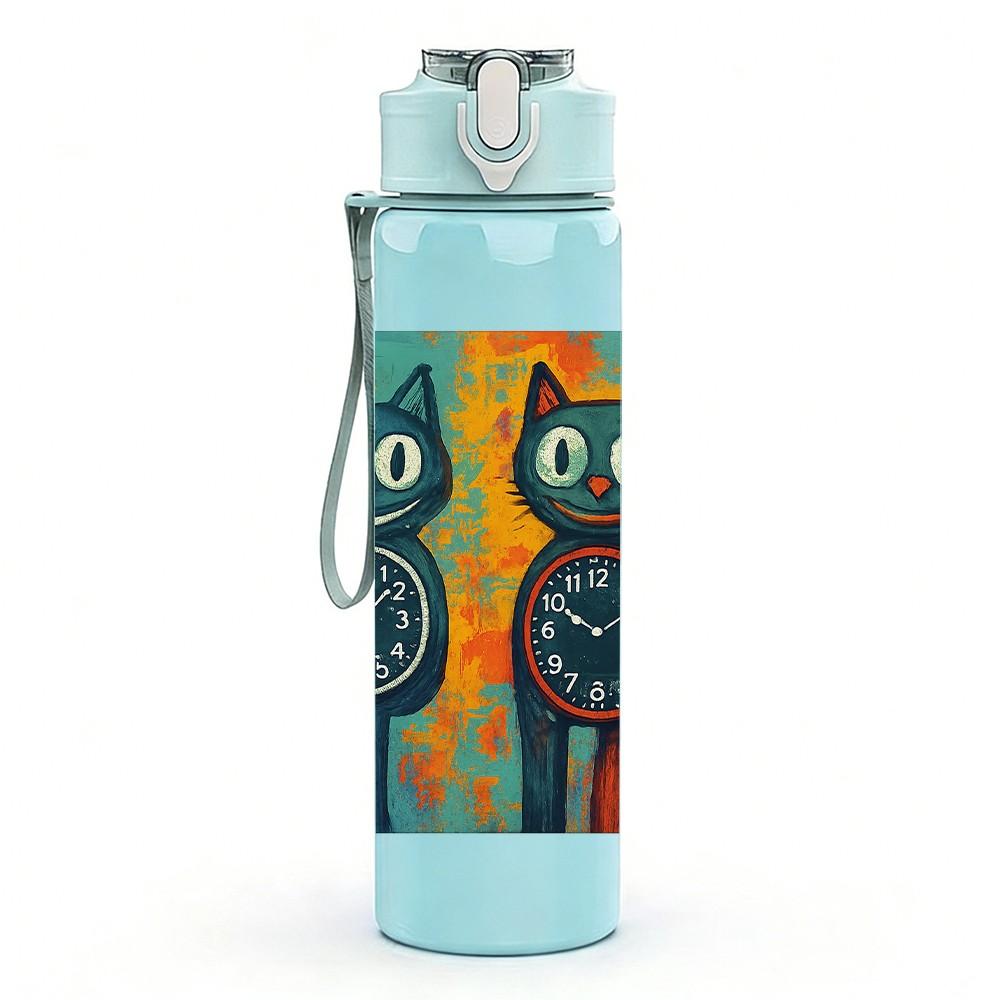 1PC Colorful Twin Cat Clock Art 750ml Color Plastic Sports Water Bottle Leakproof Flip Straw Lid Suitable for Sports Office Home Use
