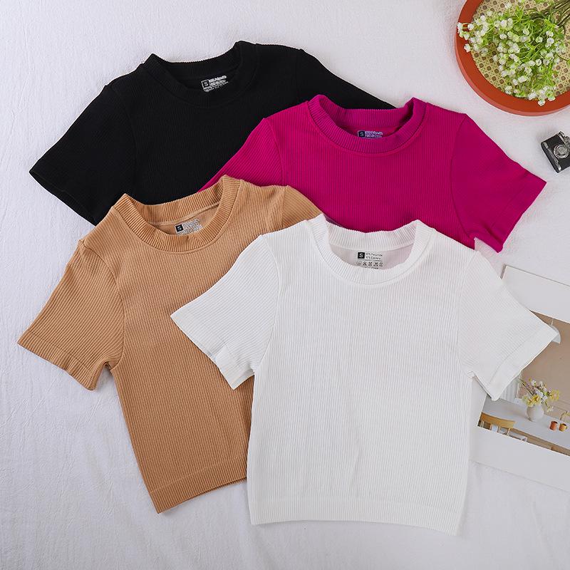 Ribbed Round Neck Yoga Sports Short-Sleeve T-shirt for Autumn/Winter