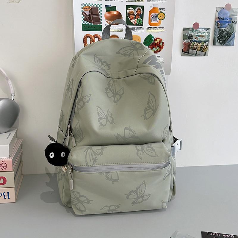 

Simple Solid Color Butterfly Pattern Student Backpack With Plush Pendant For School And College Students L зелёный