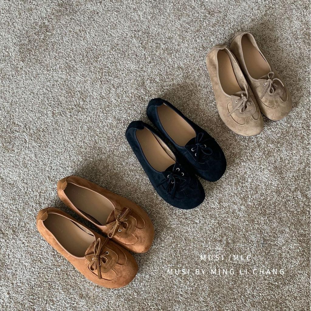 2025 New Retro Camel Round Head Light Mouth Suede Lace-up Soft Flat Bottom Versatile Loafers Niche Women's Shoes