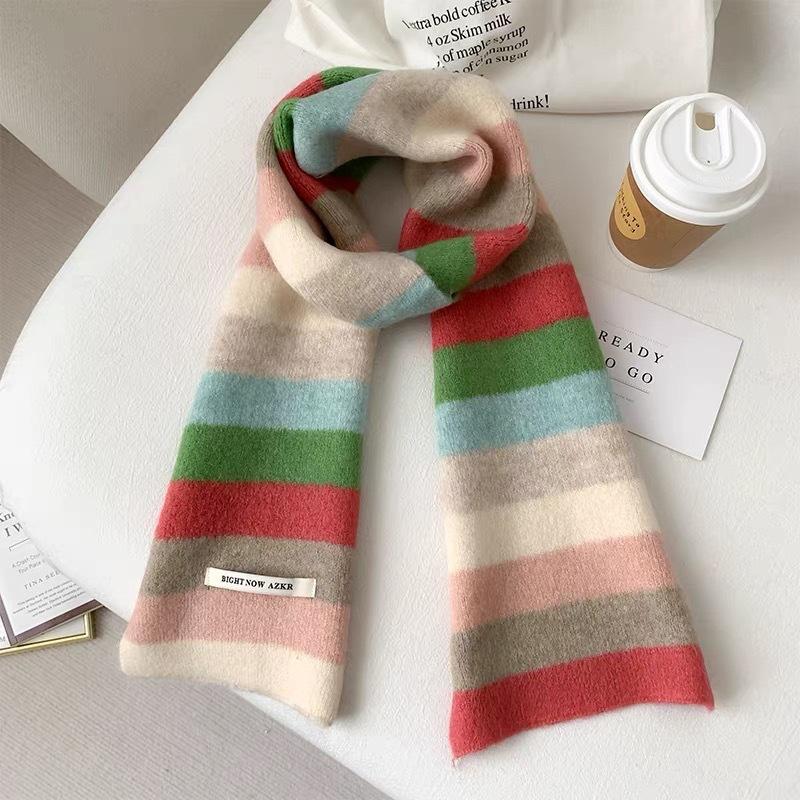 Dopamine Rainbow Contrasting Color Knitted Small Scarf Women's Autumn and Winter New Korean Imitation Cashmere Versatile and Warm