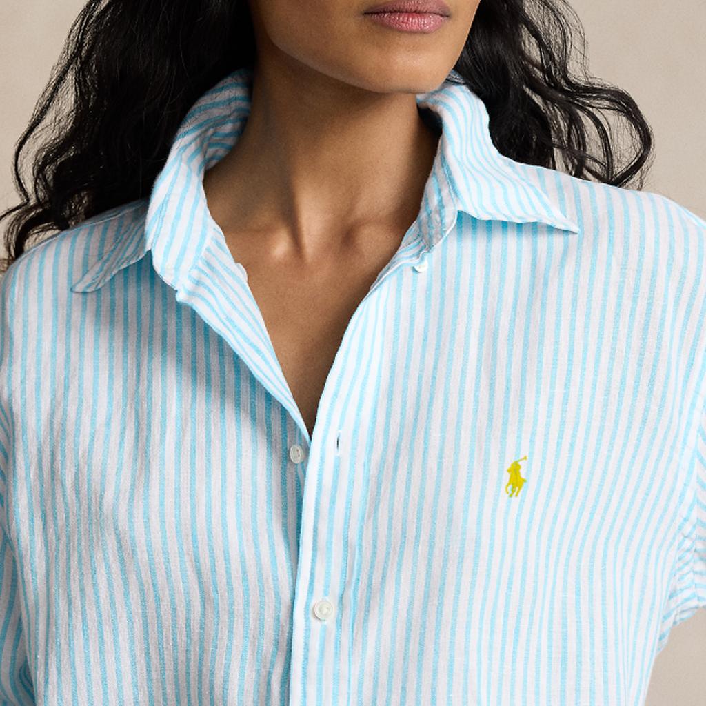 Polo Ralph Lauren SS24 Striped Logo Embroidered Loose-Fit Single-Breasted Long Sleeve Shirt Women Shirts Turquoise WMPOSHTNDO20612-999