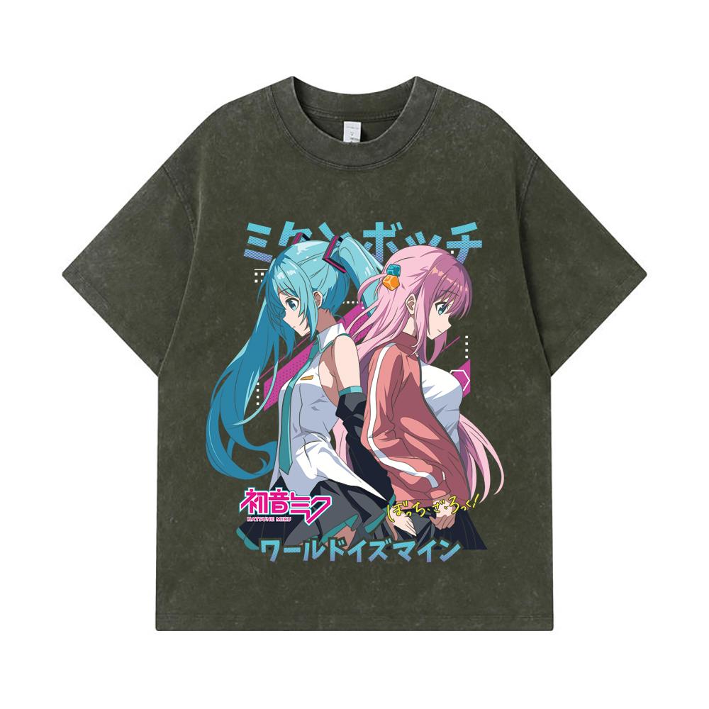 

275 GSM Washed T-shirts 100% Cotton Bocchi The Rock V3 Miku x Bocchi Print Unisex Heavy Cotton T Shirt S армия зеленый