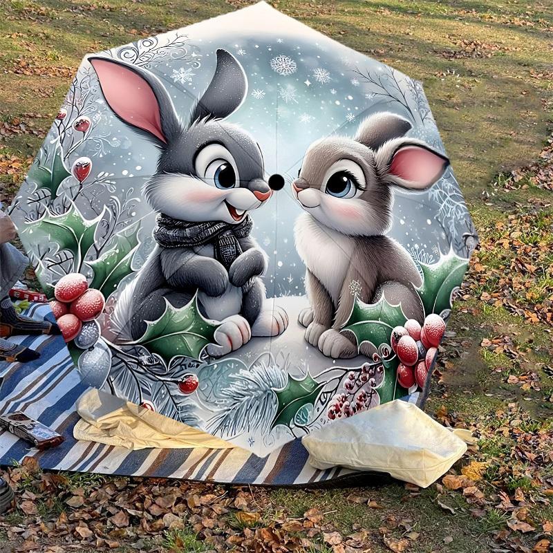 1PC Winter Rabbits Automatic Open/Close Umbrella with Windproof, 8-Rib Sturdy Canopy, Durable Ribs, Fashionable Design, Outdoor Accessory, Fun Prin, H