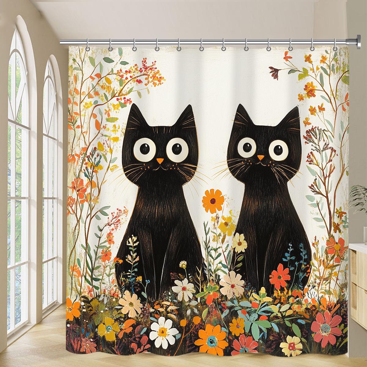 

1 Charming Cat Floral Shower Curtain - Polyester, Machine Washable, With Hooks, Vibrant Black Cat And Colorful Flowers Pattern W60H190(CM)-1 Pcs