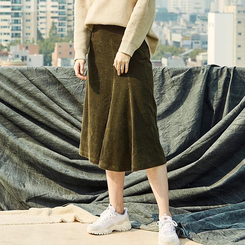 Pin Black Asymmetrical Corduroy Skirt Khaki