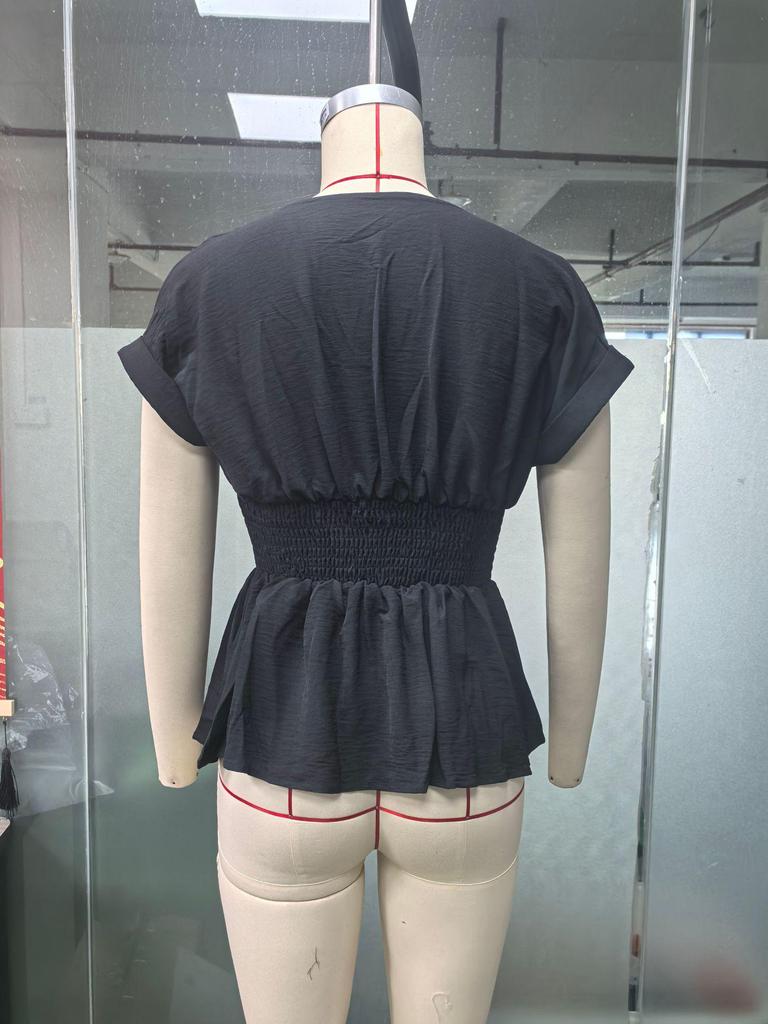 Spring/Summer Women's V-Neck Waist-Cinching Raglan Sleeve Pleated Hem Top