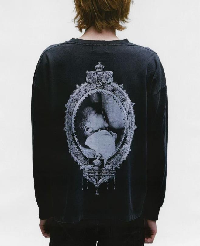 ERD Retro Wash Letter Print Drop Shoulder Long Sleeve T-shirt for Men