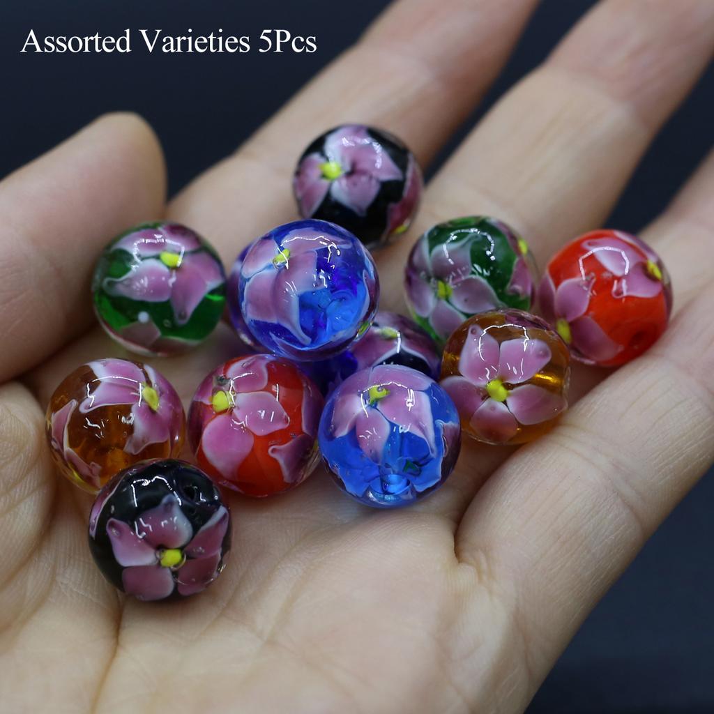 5Pcs, Handmade Lampwork Glass Beads, Bohemian-Style Round Colored Loose Beads, 1.4×1.4cm, for DIY Necklace & Bracelet Accessories, Unisex Crafts