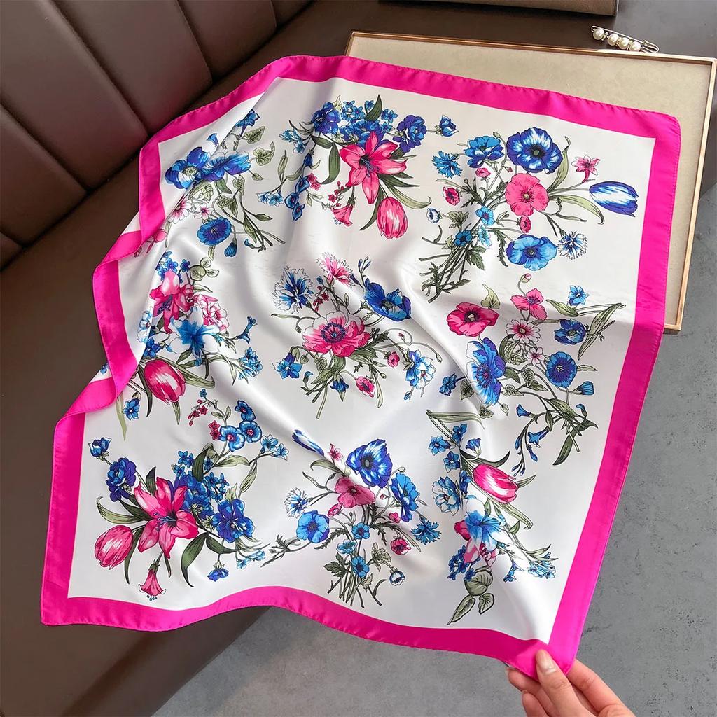 Floral Print Silk Square Scarfs 70cm Women Neckerchief Summer Beach Shawl Female Decorate Neck Ties Lady Hijab Neck Scarf Korean