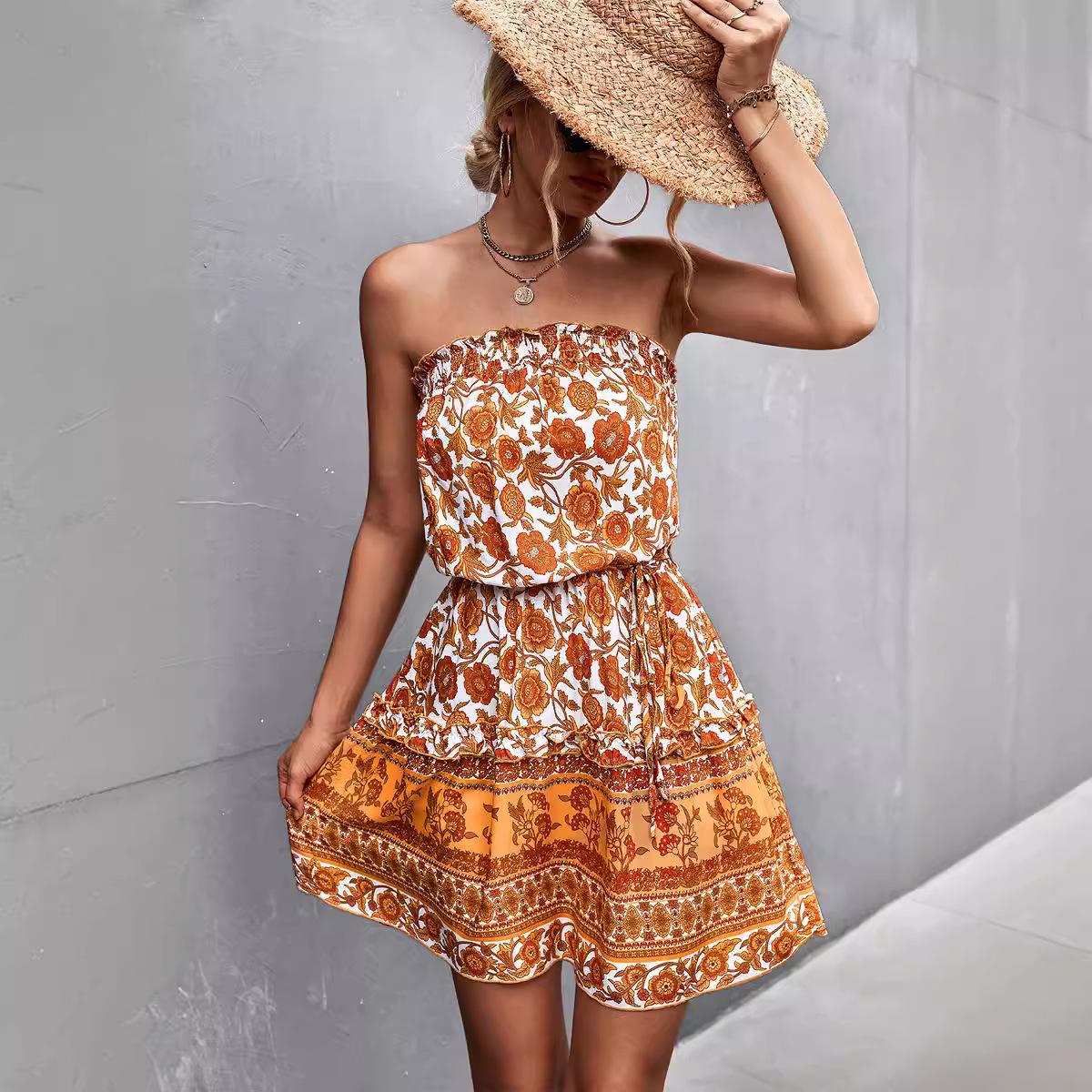 

QICED Весна-лето без рукавов в богемном цветочном стиле без бретелек на одно плечо с высокой талией Платье XL оранжевый