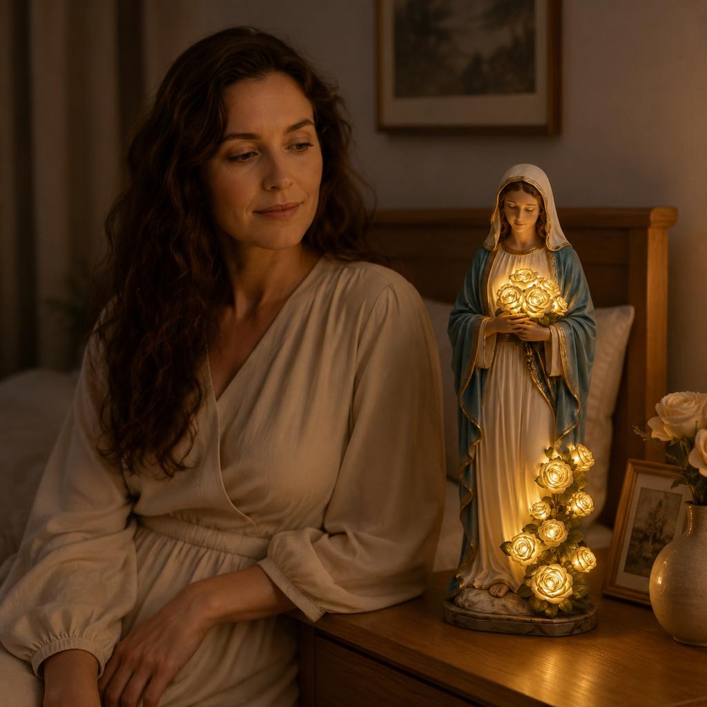 Estatua de Jardín de la Virgen María de Resina con Luz LED Integrada Rosas Decorativa Figura Religiosa para Exteriores para Exhibición en Patio Césped Terraza