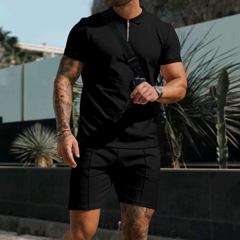 Men's Casual European & American Waffle Texture Shorts and T-Shirt Set - Solid Color, Short-Sleeved, Loose Lapel Design for Summer