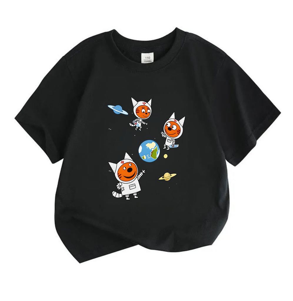 Kids Boys Girls 100% Cotton Crew Neck Short Sleeve T-Shirt, Cute Space Astronaut Cat Print Casual Breathable Tee for Children Daily Wear Outdoor Activ