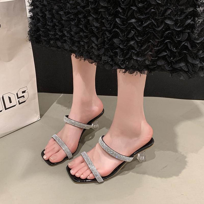 Women's Square Toe Outside Open Toe Stiletto Flip Flops Summer Rhinestone Anti-Slip Wear-Resistant High Heels