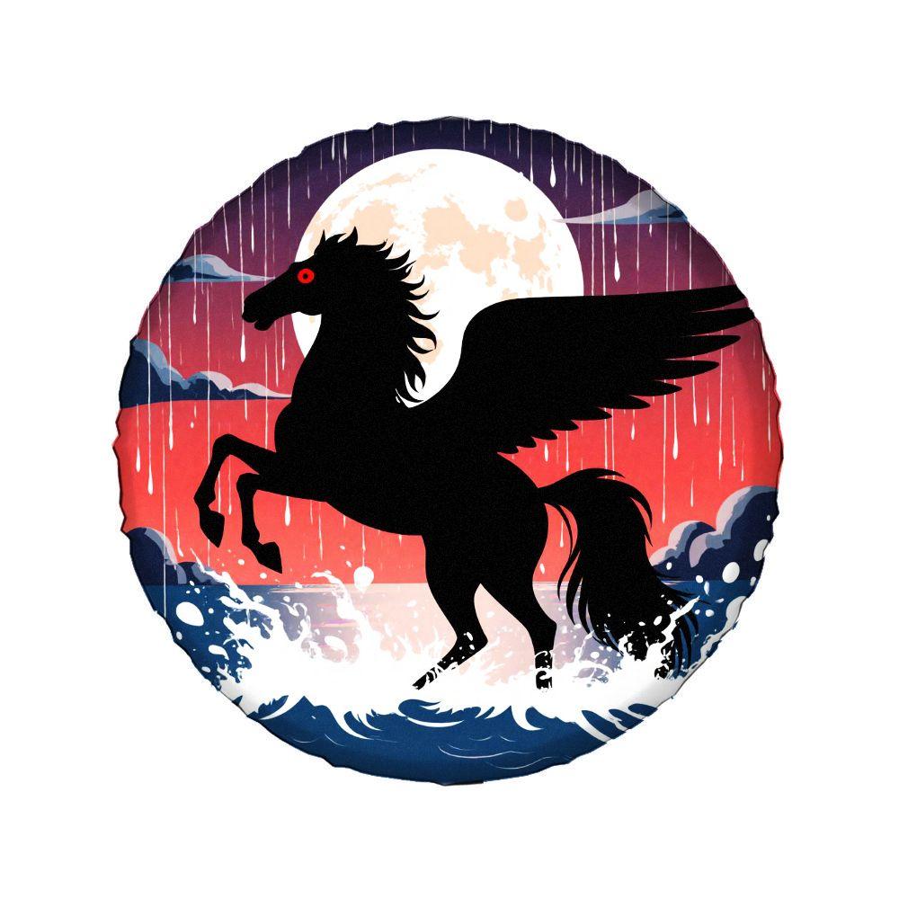 Black Tire Cover Featuring A Silhouette Of A Winged Horse Against A Stormy Sea At Night, Made Of Polyester Fiber, Suitable For V