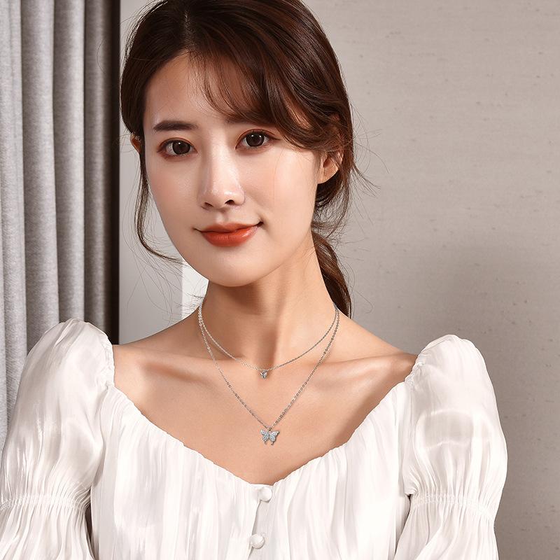 Titanium Steel Double-Layer Butterfly Necklace Female Full Diamond Butterfly Collarbone Chain Temperament Simple Accessories