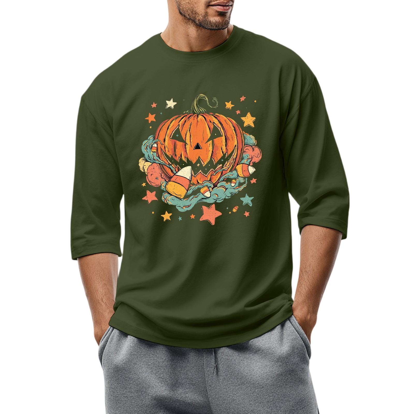 Мужская повседневная модная футболка с круглым вырезом и рукавом три четверти L армия зеленый 1539₽